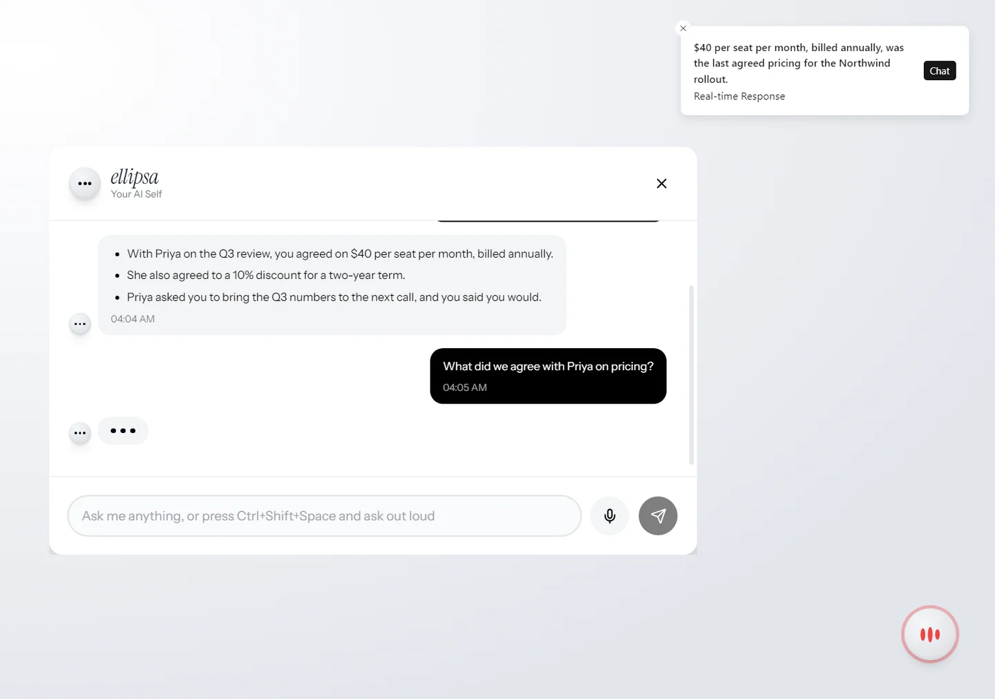 Ellipsa answering a question in the middle of a call; its button shows red listening bars